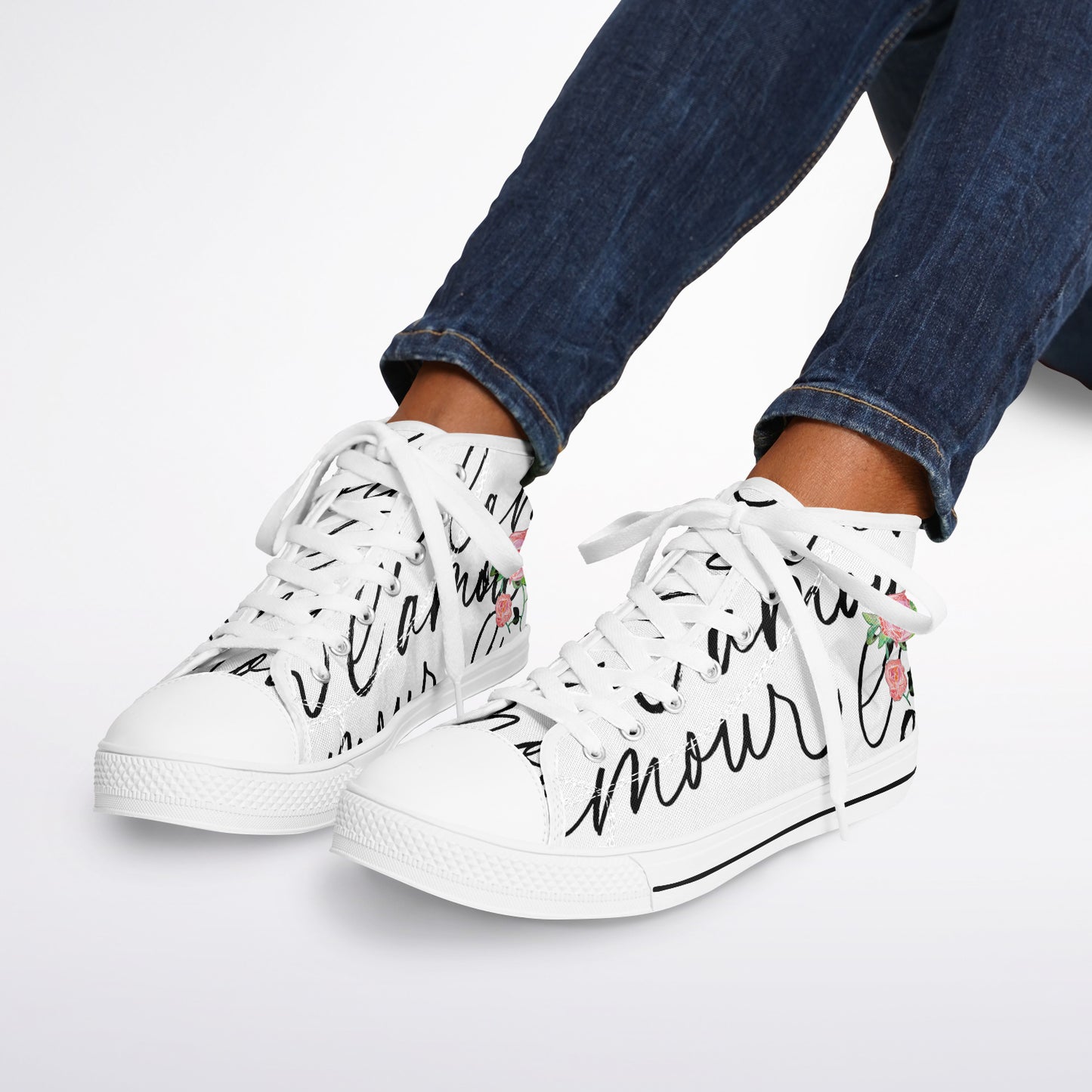 Sneakers High Tops with French Script and Hand-Painted Roses