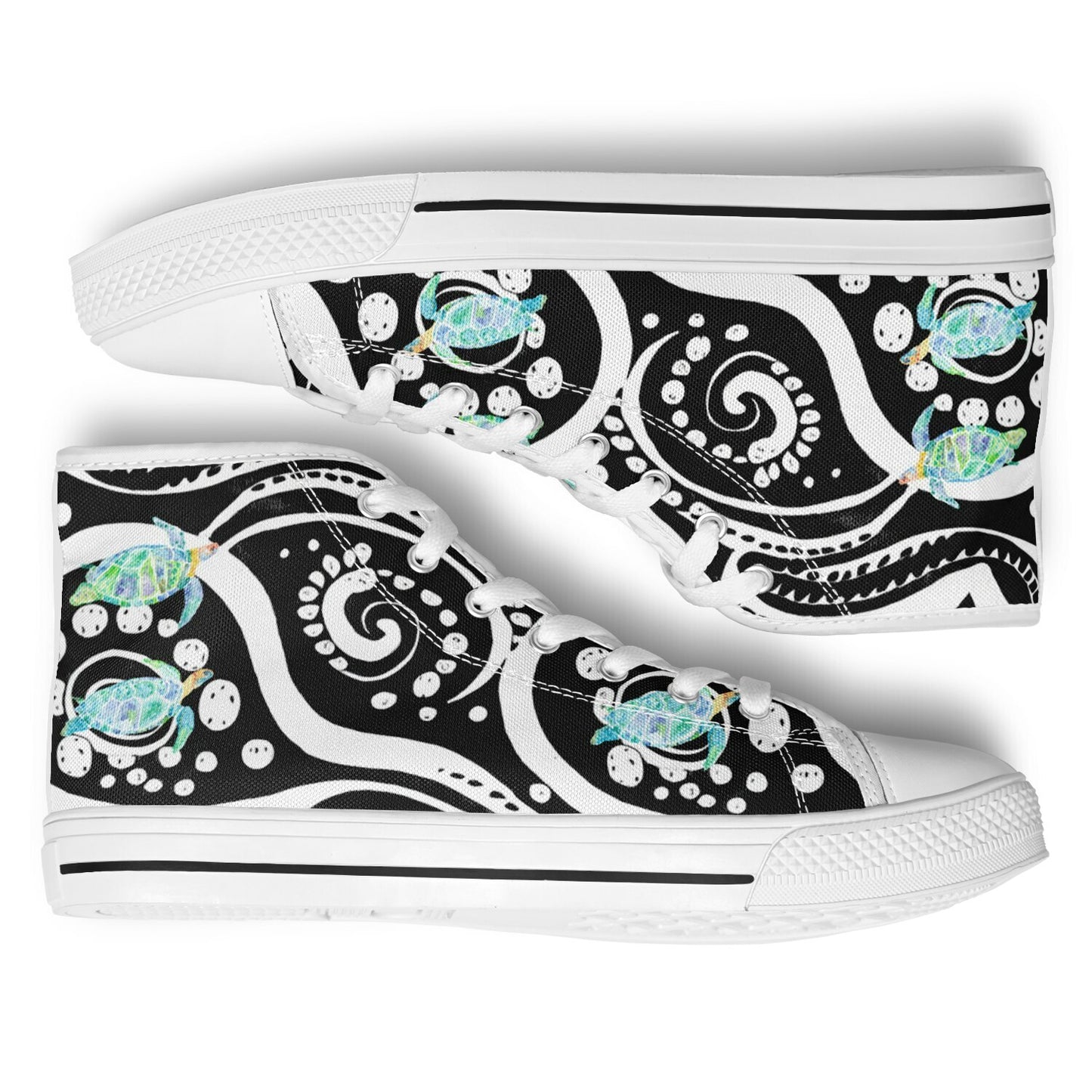 Sneakers High Tops with Black  and White Pattern and Hand-Painted Turtles