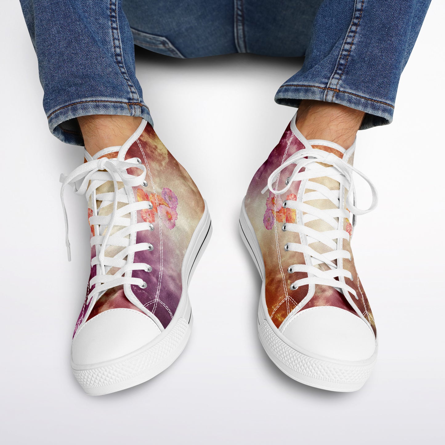 Sneakers High Tops with Orange and Purple Marble Pattern and Hand-Painted Poppies