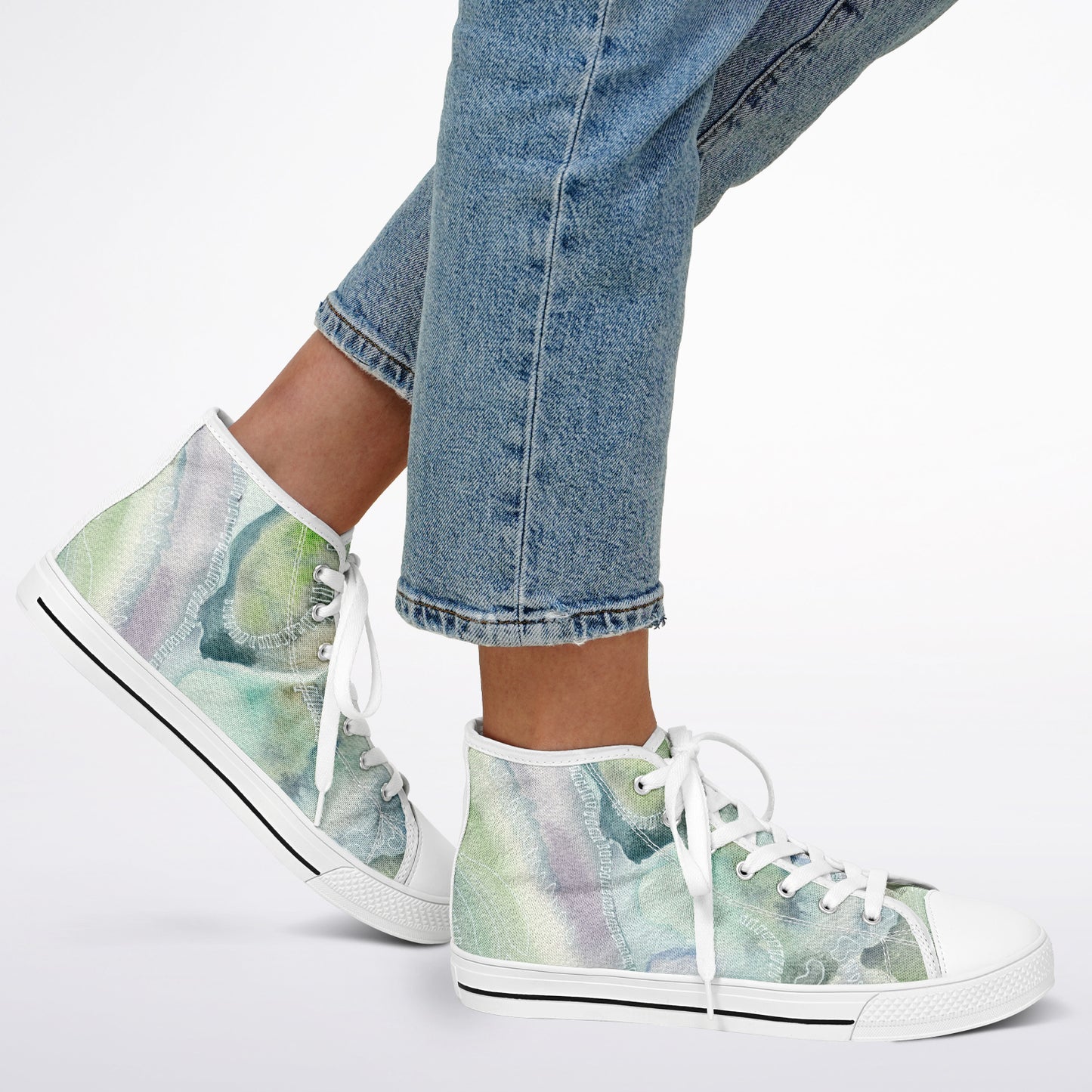 Sneakers High Tops with Abstract Landscape Pattern in Blues and Greens