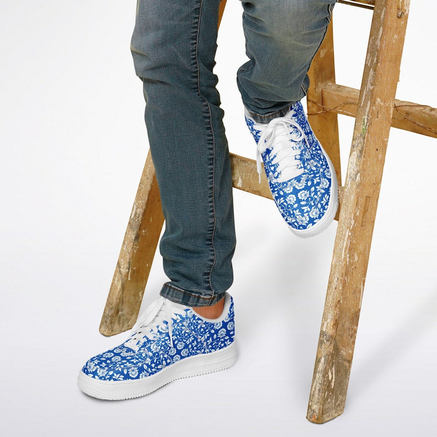 Sneakers Low Tops with Blue and White Pattern, Hand-painted Flowers and the Word 'Luxe'