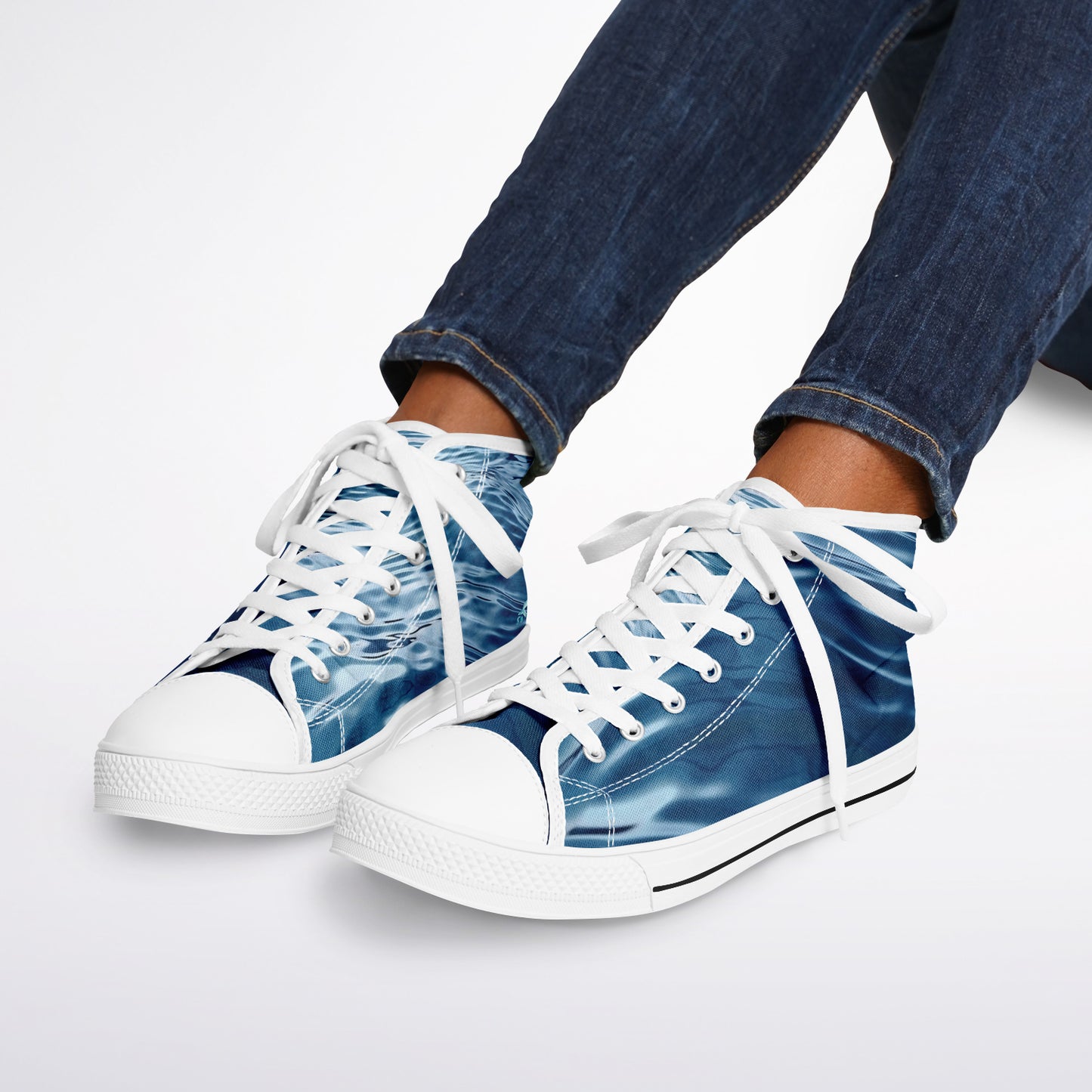 Sneakers High Tops with Wave Pattern in Dark Blue and Hand-Painted Dolphins