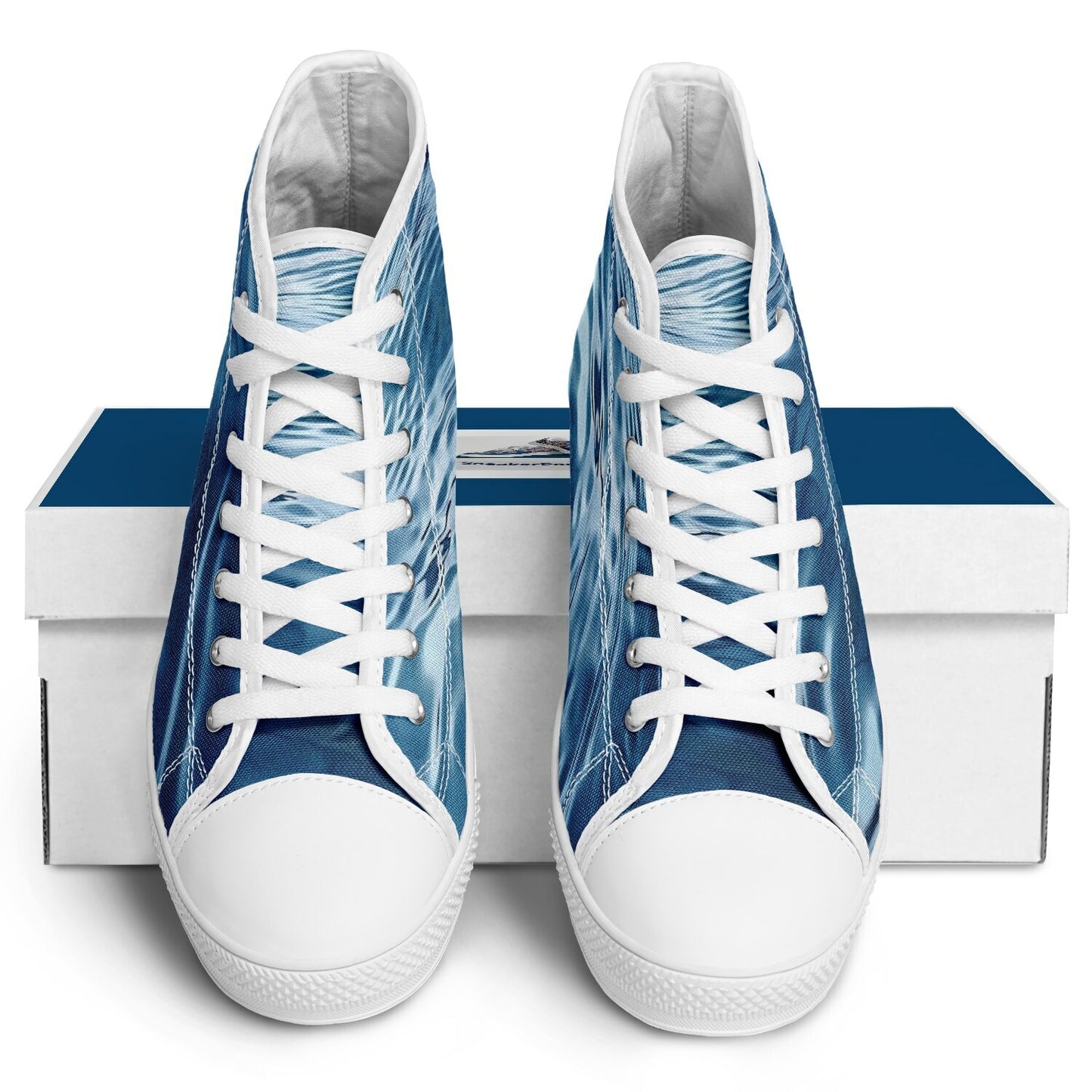 Sneakers High Tops with Wave Pattern in Dark Blue and Hand-Painted Dolphins