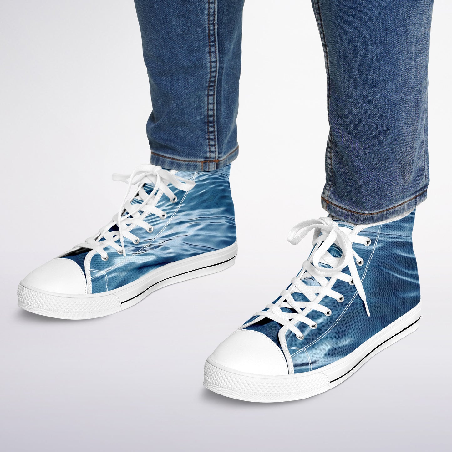 Sneakers High Tops with Wave Pattern in Dark Blue and Hand-Painted Dolphins