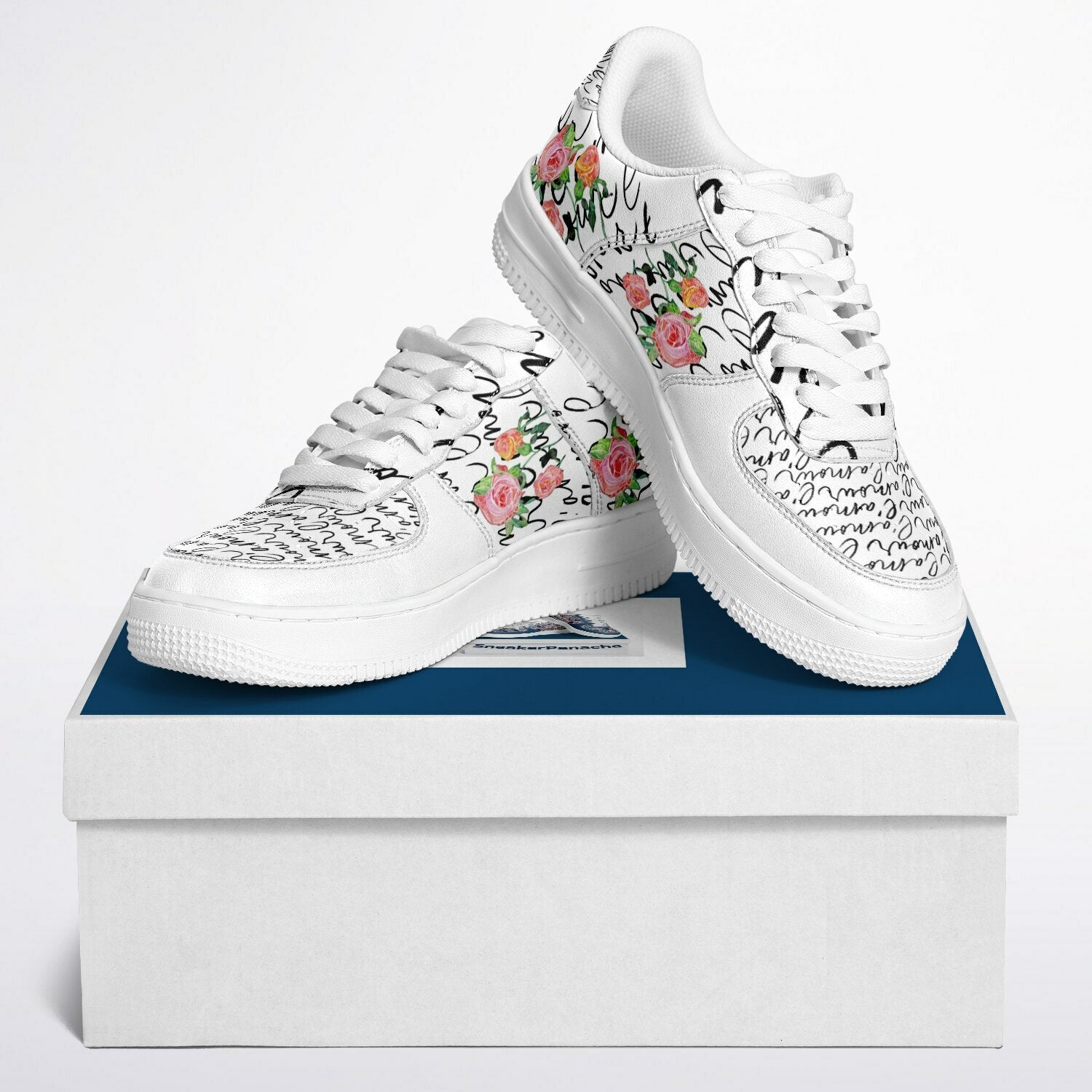 Sneakers Low Tops with French Script and Hand - Painted Roses - sneakerpanache.com