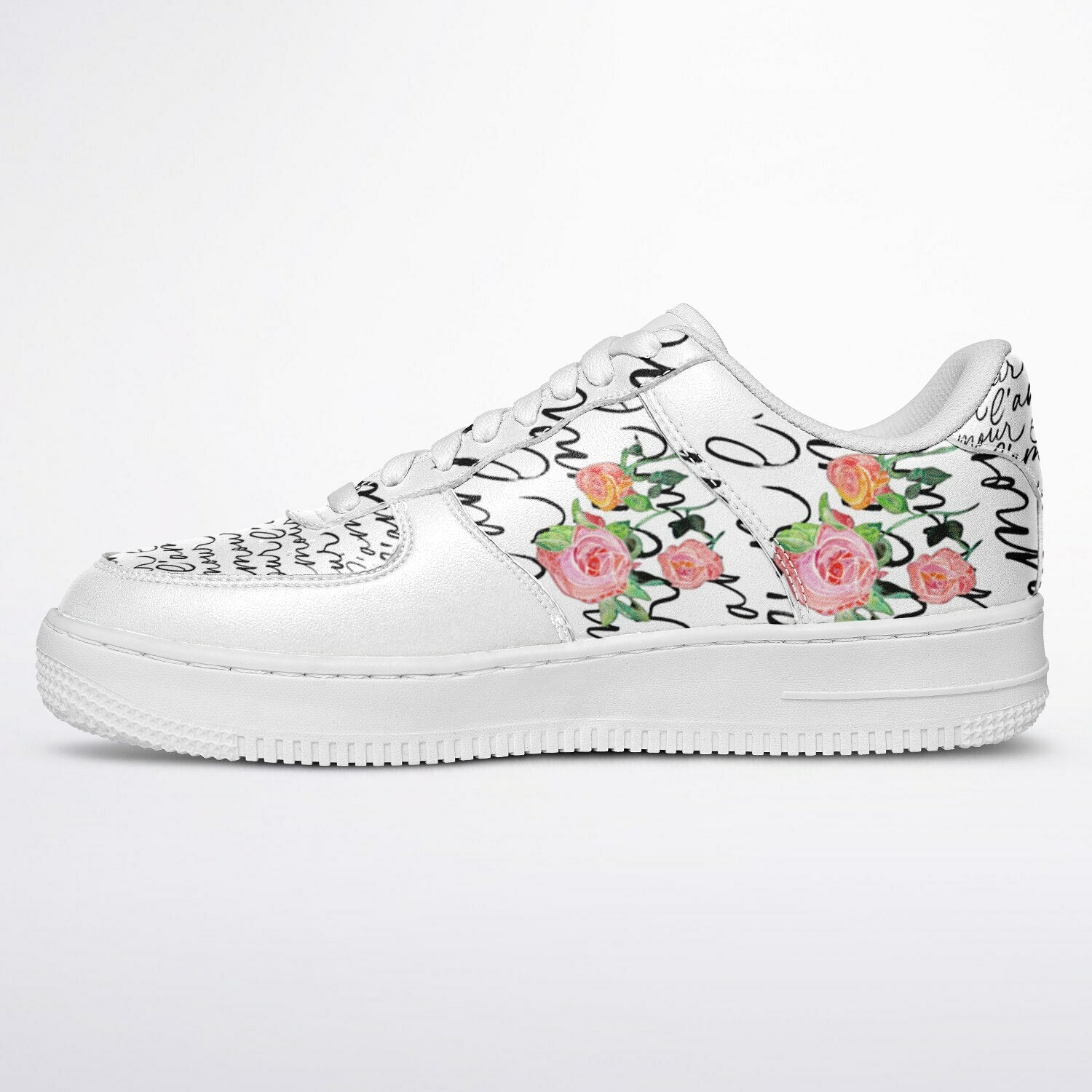 Sneakers Low Tops with French Script and Hand - Painted Roses - sneakerpanache.comSneakers Low Tops with French Script and Hand - Painted Roses